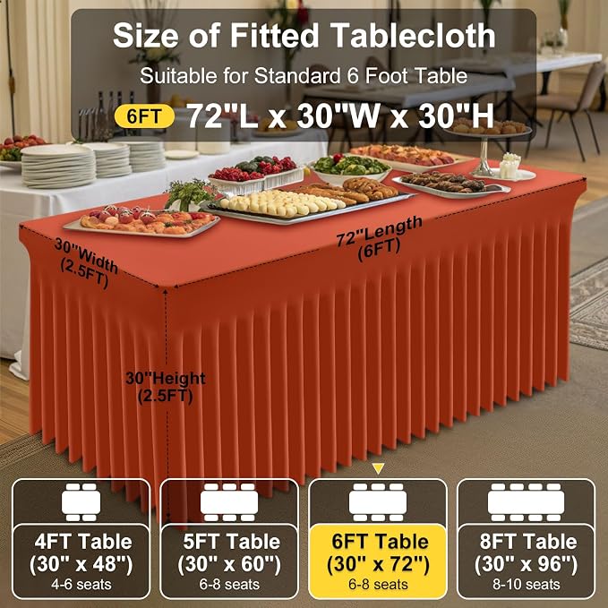 Smiry 2 Pack Spandex Elastic Fitted Table Cloth Skirt for 6FT Table | Stretch Washable Table Cloth, Banquet Table Cover for Wedding, Party, Indoor & Trade Shows, (Rust, 72Lx30Wx30H)
