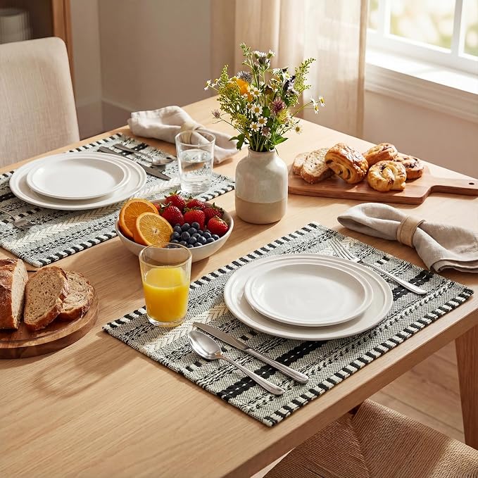 Artoid Mode Black Farmhouse Woven Braided Stripe Placemats Set of 4,12x18 Inch Seasonal Holiday Table Mats Party Kitchen Dining Decoration