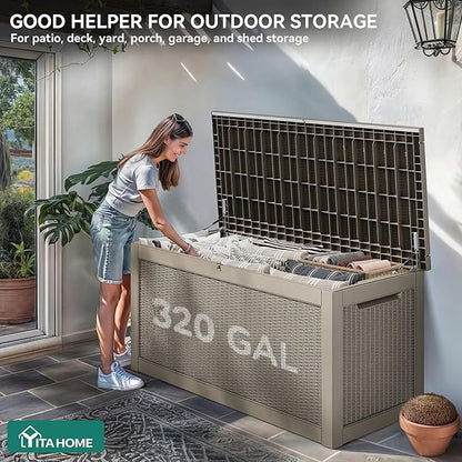 YITAHOME 320 Gallon Outdoor Storage Box, Large Water Resistant Resin Deck Box, Indoor Outdoor Lockable Storage Container for Patio, Garden, Cushions, Tools, Equipment(Brown)