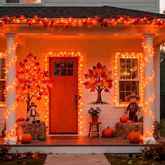 JMEXSUSS 200 LED Orange Halloween String Lights Outdoor Indoor Plug in | Connectable Orange Christmas Lights Clear Wire, Fall Light for Fireplace Tree Garden Patio Thanksgiving Fall Halloween Decor