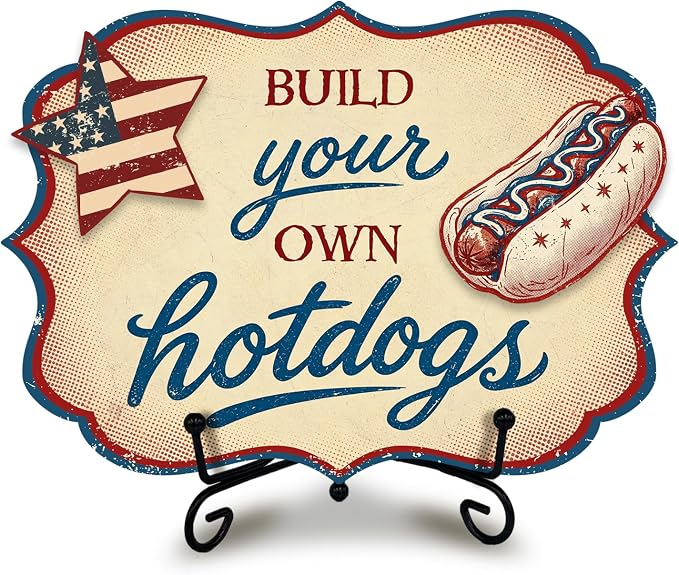 Hot Dog Stand Sign with Metal Display Stand, Wooden Patriotic Tabletop Menu Sign for BBQ Party, Food Truck, Buffet Table, Hot Dog Shop Decor, Independence Day 250th Anniversary Celebration - A01