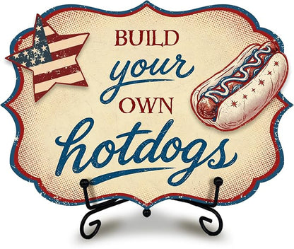 Hot Dog Stand Sign with Metal Display Stand, Wooden Patriotic Tabletop Menu Sign for BBQ Party, Food Truck, Buffet Table, Hot Dog Shop Decor, Independence Day 250th Anniversary Celebration - A01