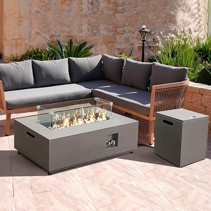 Werph 42’’ Propane Fire Pit Table Set with Tank Holder, CSA Certifed 50,000 BTU Outdoor Firepit Table, Wind Guard & Glass Stones, Smoke-Free Rectangular Fire Table for Garden Porch Backyard
