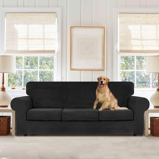 WEERRW 4 Pieces Couch Cover for Sofa Velvet Sofa Covers Washable, Black | Sofa Covers for 3 Cushion Couch Furniture Protector Sofa Slipcovers with Non Slip Elastic Bottom, Pet Friendly, Large