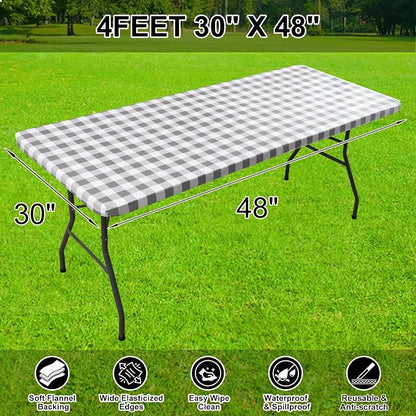 Smiry Rectangle Picnic Table Cloth, Elastic Waterproof Fitted Vinyl Tablecloths, Flannel Backed Buffalo Plaid Table Covers for Dining, Camping, Outdoor (White and Grey, 30" x 48")
