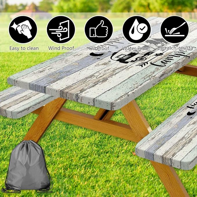 Picnic Table Cover with Bench Covers Elastic Edges, Outdoor Patio Camping Essentials 60 Inch 3PCS, Wooden Camper Fitted Table Cover, Waterproof Rectangle Tablecloth with Drawstring Bag
