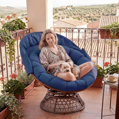 GTPLAYER Outdoor Wicker Egg Chair PE Rattan Chair with Cushion, Oversized Patio Lounge Chair with Canopy Papasan Chair 360° Swivel Base for Outdoor, Indoor, Balcony, Backyard, Garden, Blue