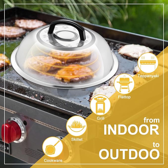 11.4 Inch Cheese Melting Dome, HaSteeL Round Stainless Steel Basting Steaming Cover, Metal Griddle Lid for Indoor & Outdoor Cooking Grilling, Non Toxic & Rust Free, Dishwasher Safe, Plus a Screwdriver
