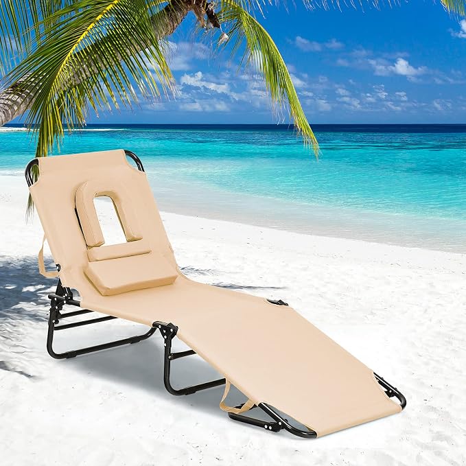 Folding Beach Lounge Chair w/ 5 Adjutable Backrest & Padded Pillow, Sunbathing Lounger Chair, Sun Tanning Lay Flat Chair for Seaside Pool Deck, Max Load 330 LBS, No Assembly Required (Beige)