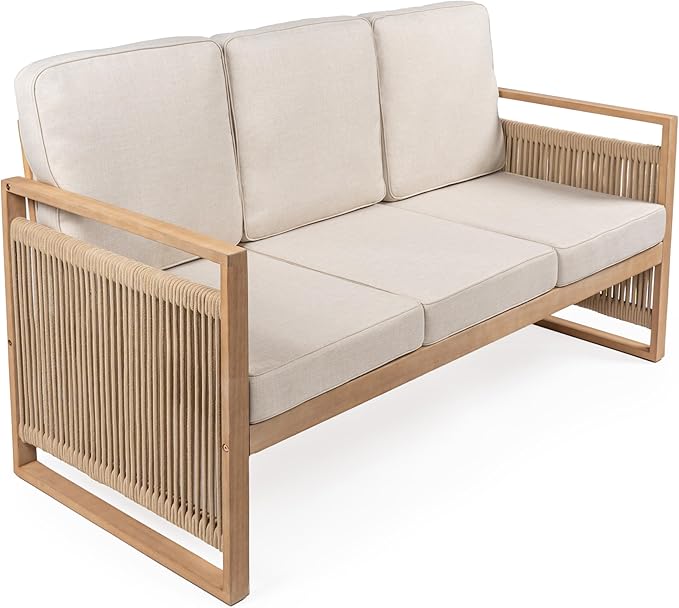 JONATHAN Y Gable Acacia Wood and Woven Rope 63" Outdoor Sofa, 3-Seater Patio Bench with Weather-Resistant Beige Cushions for Backyard and Porch, Bohemian Style, Light Teak Finish SFB1002A