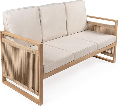 JONATHAN Y Gable Acacia Wood and Woven Rope 63" Outdoor Sofa, 3-Seater Patio Bench with Weather-Resistant Beige Cushions for Backyard and Porch, Bohemian Style, Light Teak Finish SFB1002A
