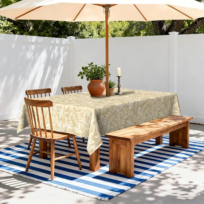 LVTXIII Rectangle Outdoor Tablecloth with Umbrella Hole and Zipper, Water-Repellent 60 x 84 Inch Patio Table Cover for Picnic, Garden, Backyard Dining, Tropical Leaf Oat