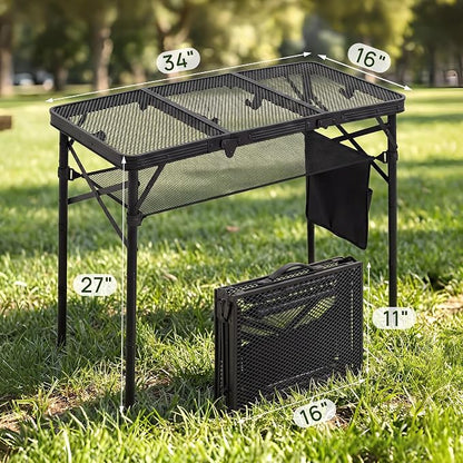Folding Grill Table, 34"x16" Portable Camping Table with Storage Pocket, Heat Resistant & Waterproof Outdoor Picnic Table, Sturdy Lightweight for Travel Cooking BBQ, Camping, Backyard