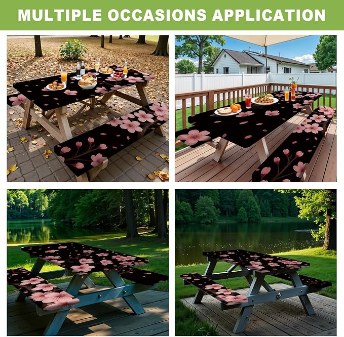 ANNA QUEEN Spring Floral 6FT Picnic Table Cover with Bench Covers Set of 3 with Drawstring Bag, Cherry Blossom Pink Flowers 72"x30" Waterproof Picnic Tablecloth & Bench Covers for Outdoor Garden
