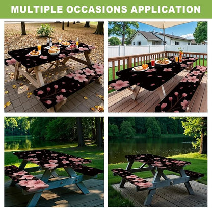 ANNA QUEEN Spring Floral 6FT Picnic Table Cover with Bench Covers Set of 3 with Drawstring Bag, Cherry Blossom Pink Flowers 72"x30" Waterproof Picnic Tablecloth & Bench Covers for Outdoor Garden
