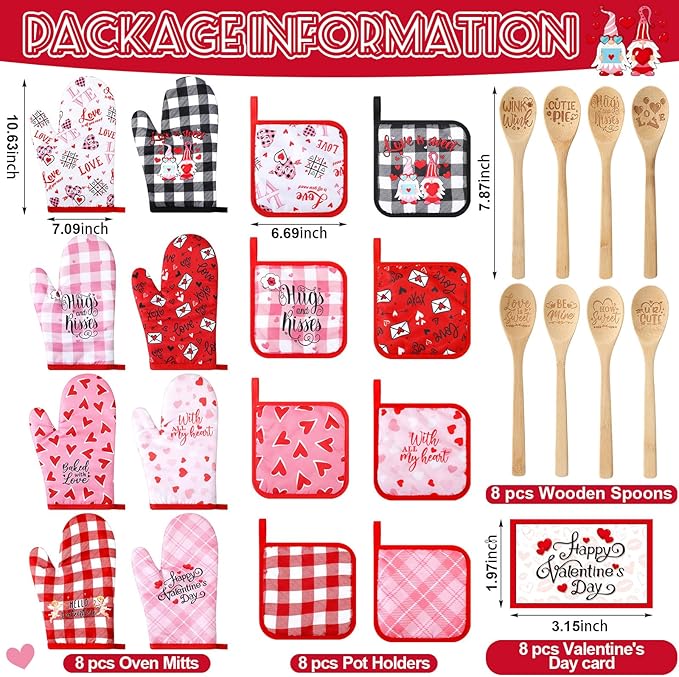 Suclain 32 Pcs Valentine's Day Oven Mitt and Pot Holders Valentine Baking Gift Set Cute Non Slip BBQ Gloves Kitchen Potholder Wooden Spoons and Cards for Women Valentine's Day Gift Cooking Baking