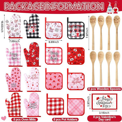 Suclain 32 Pcs Valentine's Day Oven Mitt and Pot Holders Valentine Baking Gift Set Cute Non Slip BBQ Gloves Kitchen Potholder Wooden Spoons and Cards for Women Valentine's Day Gift Cooking Baking