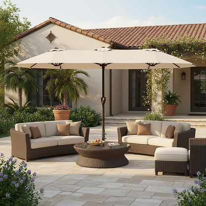 15FT Large Patio Umbrella with Base, Double Sided Rectangular Outdoor Umbrella with Sturdy Fiberglass Ribs, UPF 50+ Sun Protection, Wind-Resistant, Waterproof Fade-Resistant Fabric for Pool, Garden, Backyard, Deck(Beige)