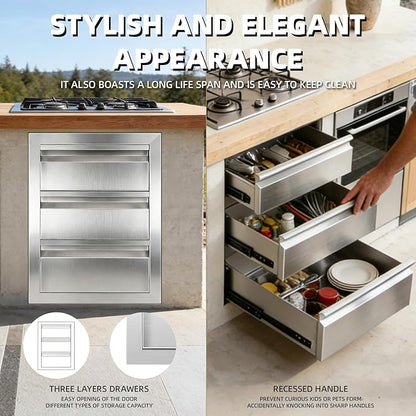 Outdoor Kitchen Drawers 18" x 23" x 23" Stainless Steel Triple Drawer Cabinet, Flush Mount Modular Storage for BBQ Islands & Patios