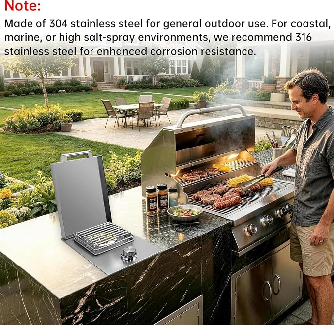 Single Side Burners-NG | Heavy-Duty 304 Stainless Steel Drop-In Side Burner, 15,000 BTU Natural Gas & Propane Burner for BBQ Island Outdoor Kitchen