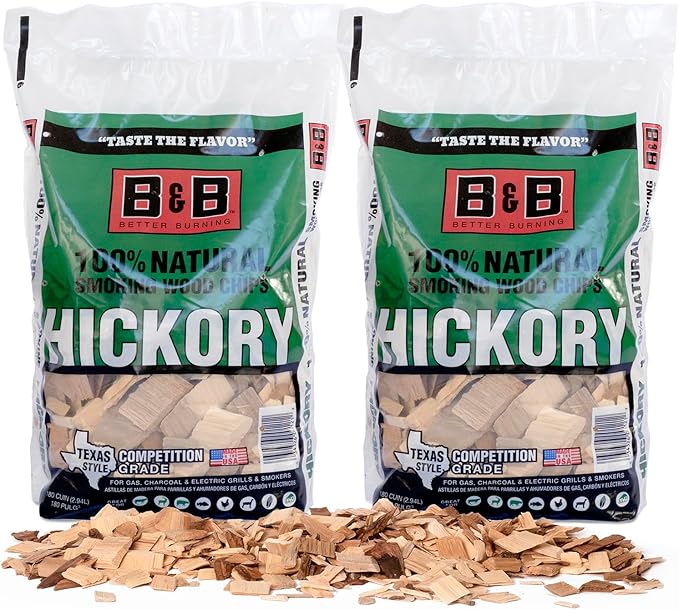 BBQ Hickory Wood Chips for Smoker (2-Pack) 3 lb Total, 100% All-Natural Smoker Wood Chips for Electric Smoker, Charcoal & Gas Grills, and Campfires – Made in USA