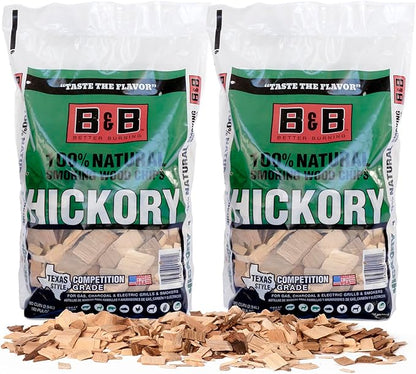 BBQ Hickory Wood Chips for Smoker (2-Pack) 3 lb Total, 100% All-Natural Smoker Wood Chips for Electric Smoker, Charcoal & Gas Grills, and Campfires – Made in USA