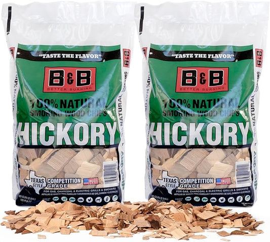 BBQ Hickory Wood Chips for Smoker (2-Pack) 3 lb Total, 100% All-Natural Smoker Wood Chips for Electric Smoker, Charcoal & Gas Grills, and Campfires – Made in USA