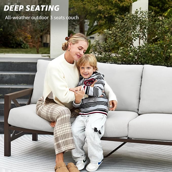 NATURAL EXPRESSIONS Patio 3 Seater Sofa Patio Furniture Set Outdoor Deep Seating Couch with 6.5'' Thick Olefin Cushion,High Back Metal Frame for Garden,Front Porch, Deck, Balcony, Backyard