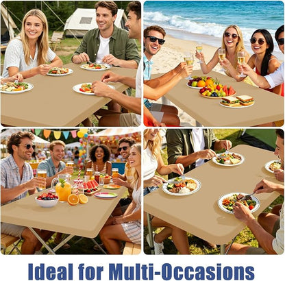 Moosfor 2 Pack Rectangle Spandex Fitted Table Cloth, 8FT Elastic Tablecloth | Washable Picnic Table Cover, Stretch Waterproof Table cloths for Party, Patio, Dining, Kitchen, 30" x 96", Dark Khaki
