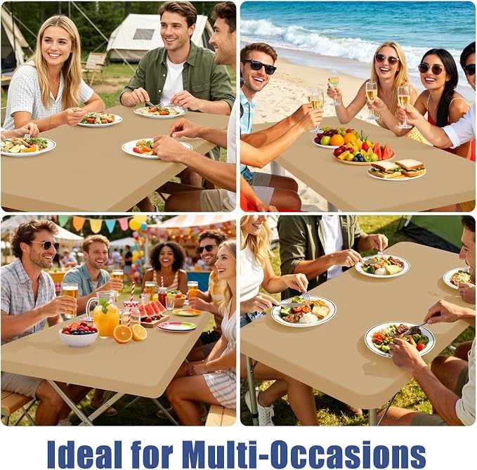 Moosfor Spandex 8 Foot Rectangle Table Cloth, Elastic Fitted Tablecloths for Picnic, Stretch Washable Patio Table Cover for Outdoor, Camping, Banquet and Parties (Dark Khaki, 30"x96")