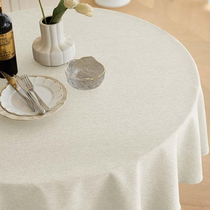 Decorelia Waterproof Faux Linen Tablecloth for Round Dining Table, Decorative Fabric Rustic Tablecloth Cover for Holiday, Banquet, Outdoor & Kitchen Table(60 Inch, Round (2-4 Seats), Ivory)