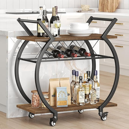LVB Industrial Bar Cart, Beverage Serving Cart with Wheels, Rustic Brown | Modern Bar Cart with Wine Rack, Wooden Microwave Drink Liquor Cart for Dining Room, Coffee Liquor Drink Cart with Storage
