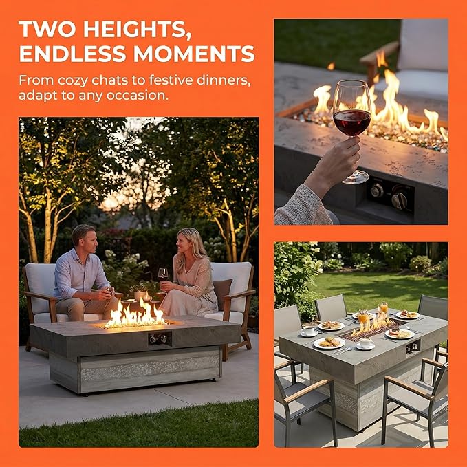 48 Inch Propane Fire Pit Table with Adjustable Height – 50,000 BTU Outdoor Gas Firepit for Patio Deck, 2 Height Levels, Electronic Ignition & Modern Glass Bead Flames for Outdoor Dining