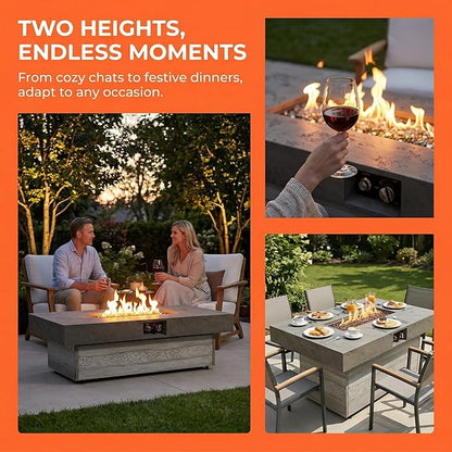 48 Inch Propane Fire Pit Table with Adjustable Height – 50,000 BTU Outdoor Gas Firepit for Patio Deck, 2 Height Levels, Electronic Ignition & Modern Glass Bead Flames for Outdoor Dining