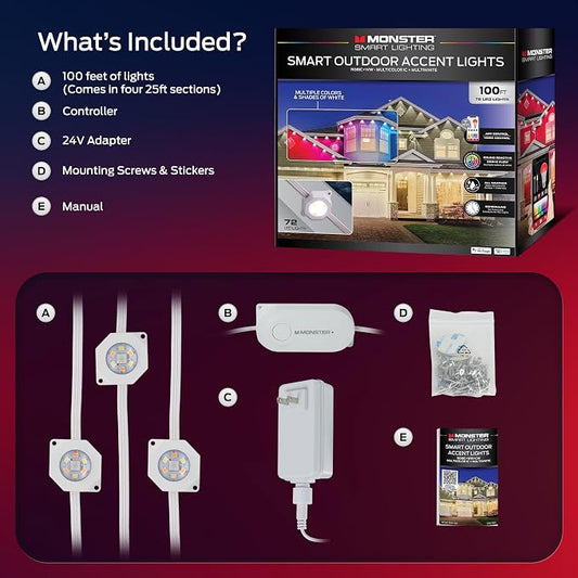 Monster Smart Permanent Outdoor Lights, 100ft, 72 LED Eaves Lights, RGB+IC+WW, Weather & Water Resistant, App & Voice Control, Compatible with Alexa and Google, for Patios, Gardens & Year-Round Use