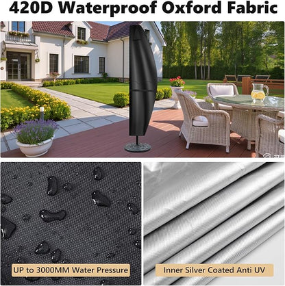 Patio Umbrella Cover Waterproof Umbrella Covers for 420D Outdoor Umbrellas for 7 to 11ft Garden Umbrellas & 15 ft Double-Sided Parasol Cover with Sturdy Zipper,Top Vent,Windproof Anti-UV Protection