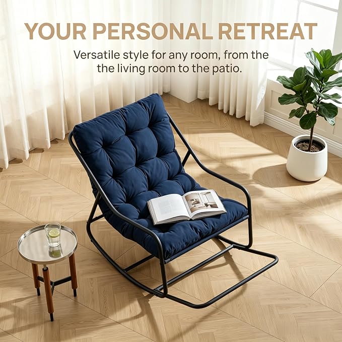 Outdoor Rocking Chairs, Metal Frame Outdoor Rocker with Footrest, Comfy Oversized Patio Chair with Thick Cushion, Reading Glider Lounge Chair for Living Room, Bedroom, Garden, Relax, Navy Blue