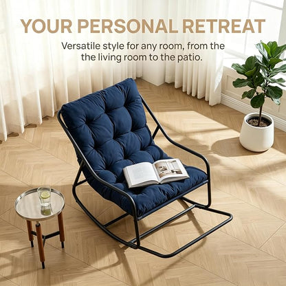 Outdoor Rocking Chairs, Metal Frame Outdoor Rocker with Footrest, Comfy Oversized Patio Chair with Thick Cushion, Reading Glider Lounge Chair for Living Room, Bedroom, Garden, Relax, Navy Blue