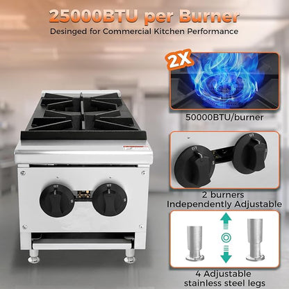 Gas Countertop Hot Plate for Kitchen Dining,NG LP Convertible Burner Stove with Independent Manual Controls,Standing Pilot Ignition,Cast Iron Grates,Stainless Steel Body,Catering Use (Silver,2 Burner)