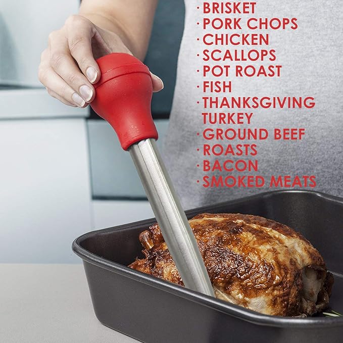 Stainless Steel Turkey Baster With Cleaning Brush - Food Grade Syringe Baster For Cooking & Basting With 2 Marinade Injector Needles - Ideal For Butter Dripping, Roasting Juices For Poultry (Red)