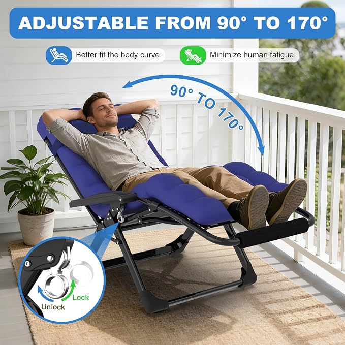 Slendor Zero Gravity Chair, Recliner Lounge Chairs with Cushion, Royal Blue | Reclining Lounge Chair, Folding Anti Gravity Chairs w/Upgraded Lock, Removable Upgraded&Headrest, 440lbs, for Indoor Outdoor