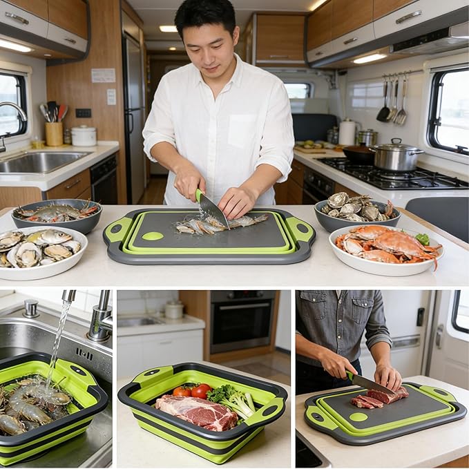 3-in-1 Folding Cutting Boards, Collapsible BBQ Prep Tub with Lid, 9L Container with Strainer, PP+TPR Material Cutting Board, Chopping Board Folds to 1.5Inch Slim for RV, Camping & Small Kitchen