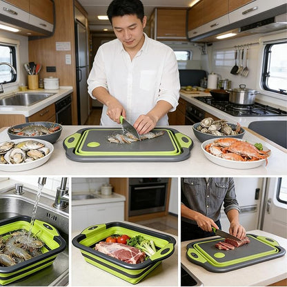 3-in-1 Folding Cutting Boards, Collapsible BBQ Prep Tub with Lid, 9L Container with Strainer, PP+TPR Material Cutting Board, Chopping Board Folds to 1.5Inch Slim for RV, Camping & Small Kitchen