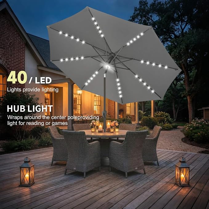 Solar Patio Umbrella with Centre Light, 10 ft Anthracite | 40 LED Lights, UV Protection, Solar Outdoor Umbrella for Porch, Deck, Pool, Table, Garden, Provides Evening Lighting