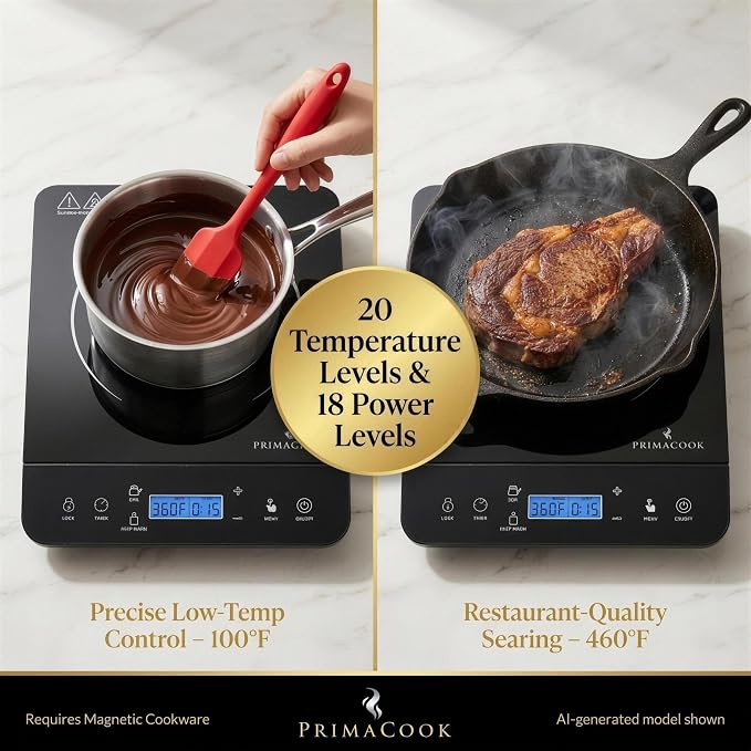 1800W Portable Induction Cooktop Burner – 20 Temperature Settings, 18 Power Levels, 10-Hour Timer – Countertop Electric Hot Plate for RV, Canning, Dorm, Kitchen – Child Safety Lock (Black) | 1800W, 20 Temp Settings, 18 Power Levels, 10-Hr Timer, Cannin...