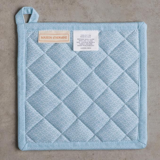 Maison d' Hermine Pot Holders 100% Cotton Heat Resistant Potholders 8" x 8" Hot Pads with Loop BBQ Cooking Baking Hotel Farmhouse Kitchen Handling Hot Pans Spring Summer (Pack of 2, Ibiza - Blue)
