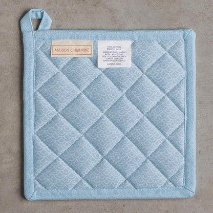 Maison d' Hermine Pot Holders 100% Cotton Heat Resistant Potholders 8" x 8" Hot Pads with Loop BBQ Cooking Baking Hotel Farmhouse Kitchen Handling Hot Pans Spring Summer (Pack of 2, Ibiza - Blue)