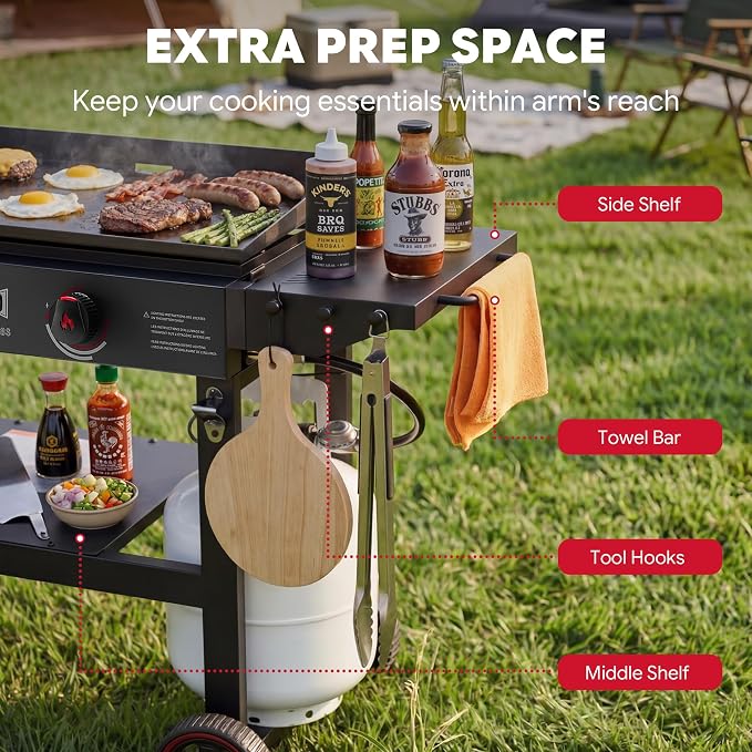 FEASTO 28" 2-Burner Propane Gas Griddle, 30,000 BTU, 458 Sq. In., Black | Outdoor Heavy-Duty Flat Top Grill with Front Grease Cup, Side Table & Wheels for Camping, Tailgating & Backyard