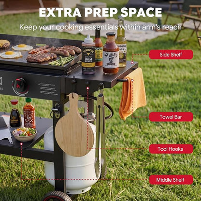 FEASTO 28" 2-Burner Propane Gas Griddle, 30,000 BTU, 458 Sq. In., Black | Outdoor Heavy-Duty Flat Top Grill with Front Grease Cup, Side Table & Wheels for Camping, Tailgating & Backyard