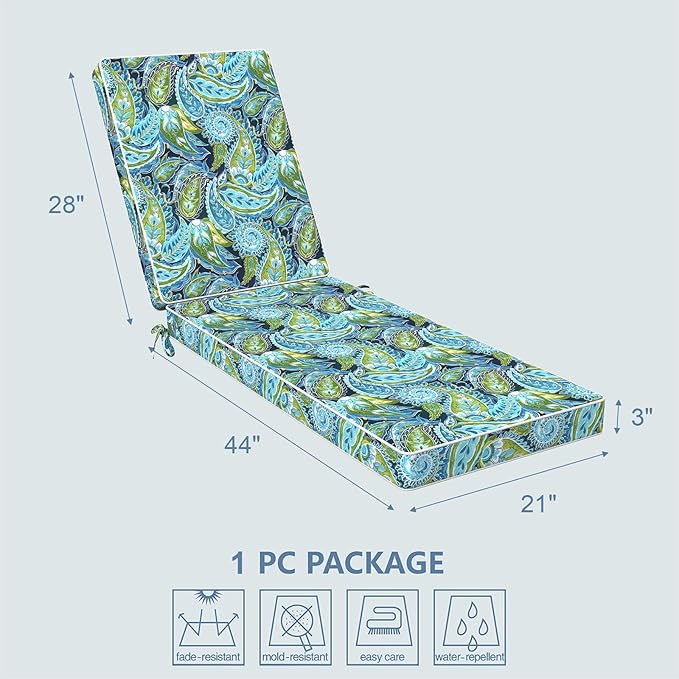 LVTXIII Outdoor Chaise Lounge Cushion 72x21x3 Inch, Water-Repellent Patio Seat Cushion with Ties & Hidden Zipper, Thick Foam Pad for Lawn Chair, Poolside, Patio Furniture, Paisley Lapis Green